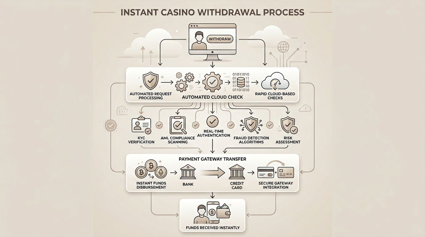 Infografika przedstawiająca proces automatycznej wypłaty w nowym kasynie online od zlecenia do otrzymania środków