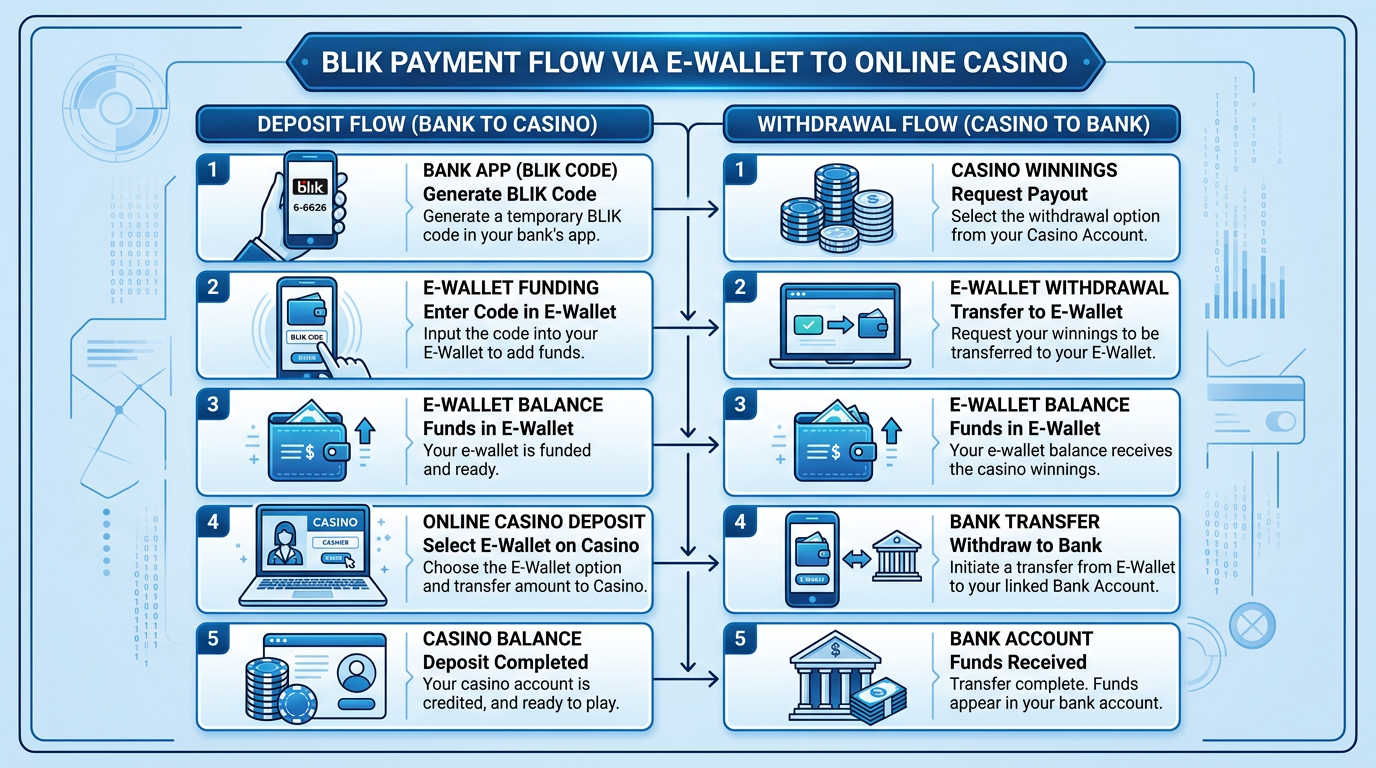 Infografika przedstawiająca proces płatności BLIK przez e-portfel w kasynie online
