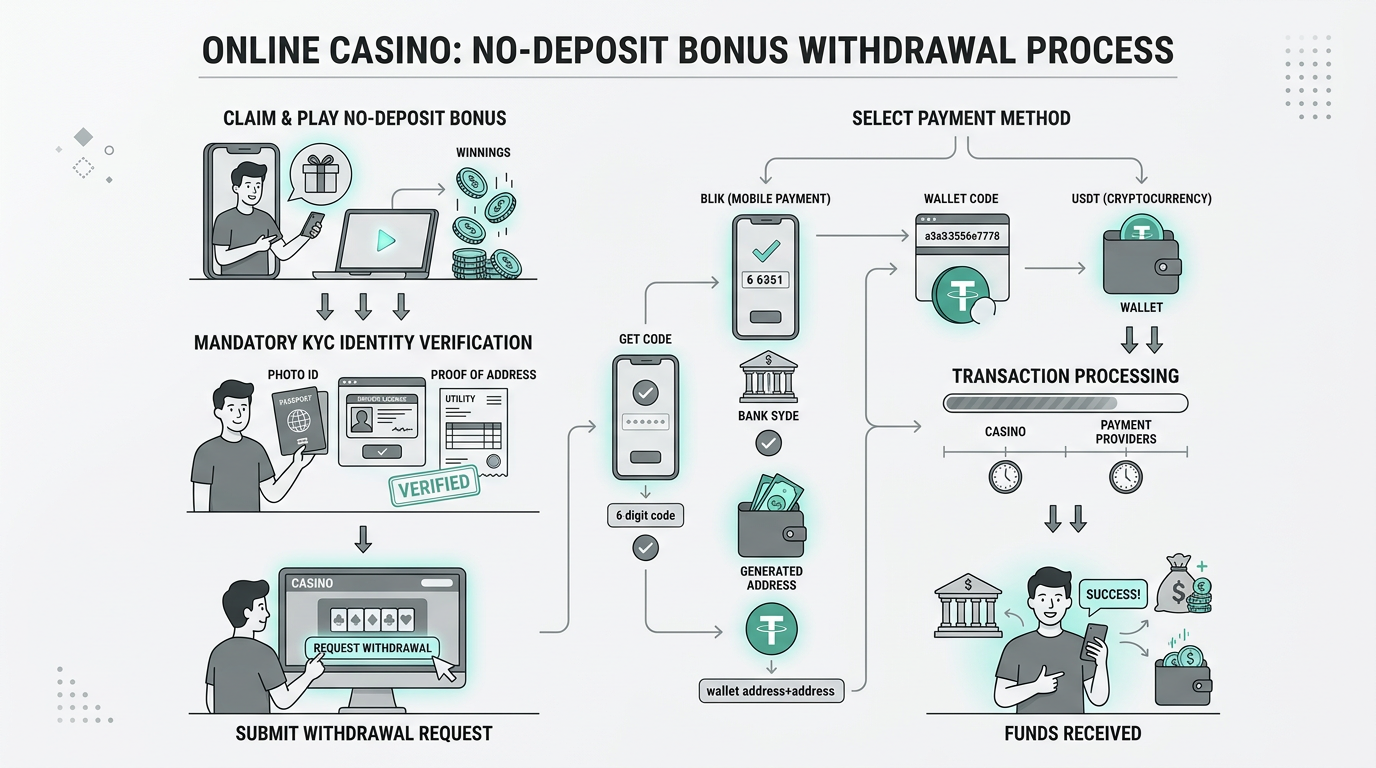 Infografika przedstawiająca proces weryfikacji i wypłaty wygranych z bonusu bez depozytu w 2026 roku
