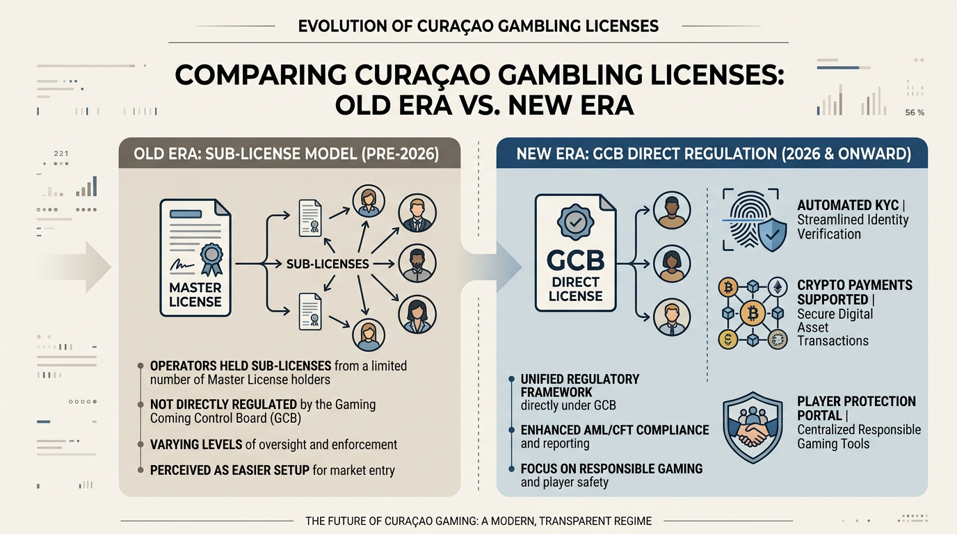 Infografika porównująca starą sublicencję Curacao z nowym systemem GCB 2026