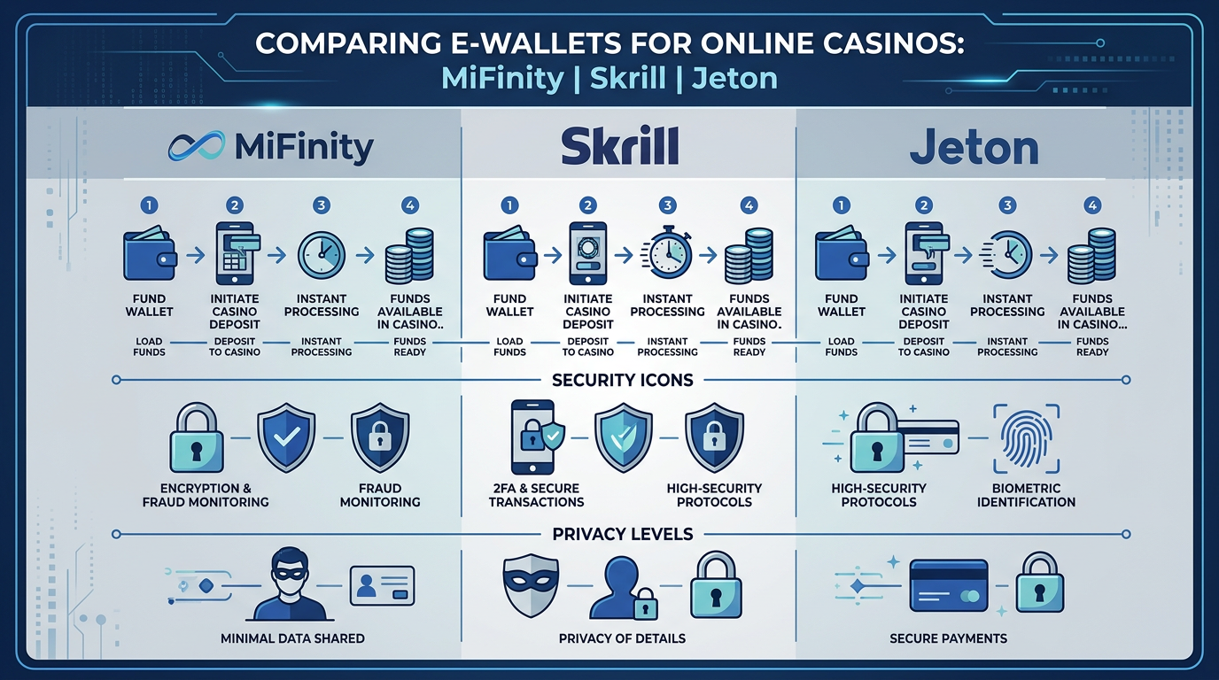 Infografika porównująca portfele elektroniczne MiFinity, Skrill i Jeton w kasynach online