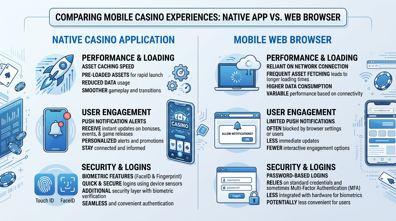 Infografika porównująca zalety aplikacji mobilnej kasyna nad wersją przeglądarkową