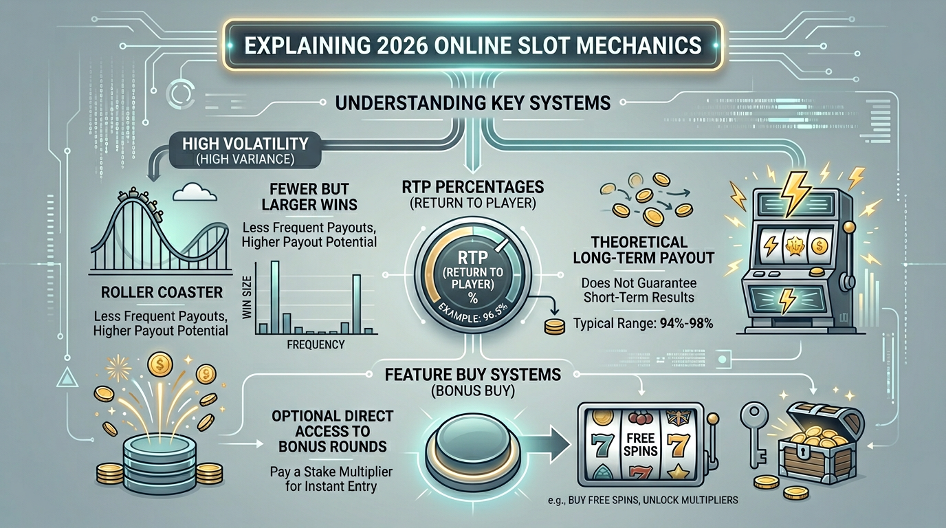 Infografika wyjaśniająca mechanikę slotów 2026: zmienność, RTP i funkcje zakupu bonusu